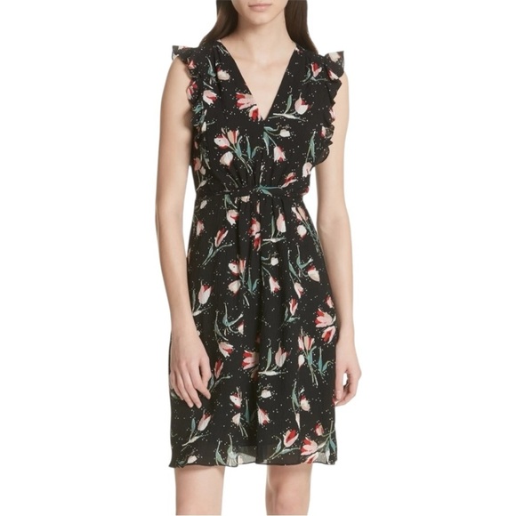 Rebecca Taylor Ikat Tie Front Silk Dress -Tulip / Black Floral Print - Size 4 - Picture 3 of 9